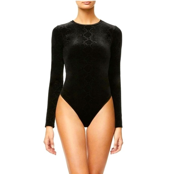 NEW! Good American Snake Print Burnout Velour Bodysuit Long Sleeves Black SZ L - Picture 5 of 15